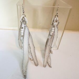 Bohemian-style Fringe Dangle Earrings tassel earrings white, silver and leather